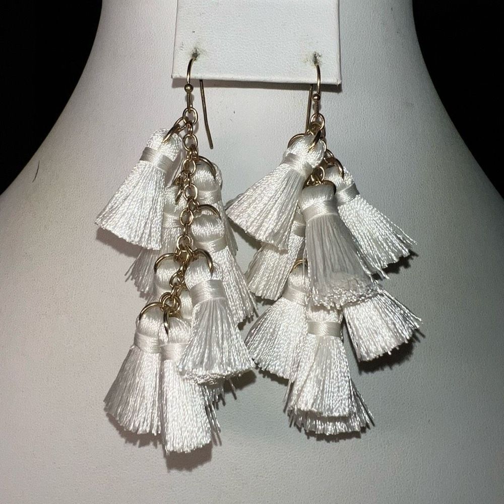 Boho Gold Tone and White Multi Tassel Dangle Earrings